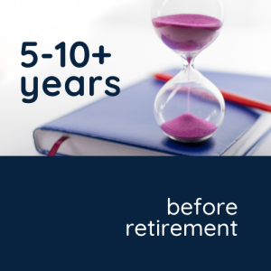 5-10+ years before retirement, what should you be thinking about? A notebook has a pen and hourglass on it.